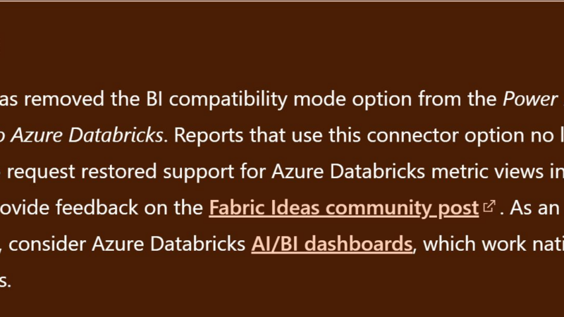 Microsoft dropped support for “the BI compatibility mode option from the Power BI connector to Azure Databricks”